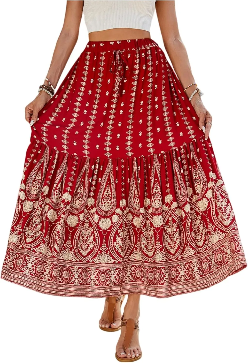 Women's High Waist A Line Maxi Skirts Floral Printed Tiered Ruffle Pleated Skirt Beach Vacation Long Skorts