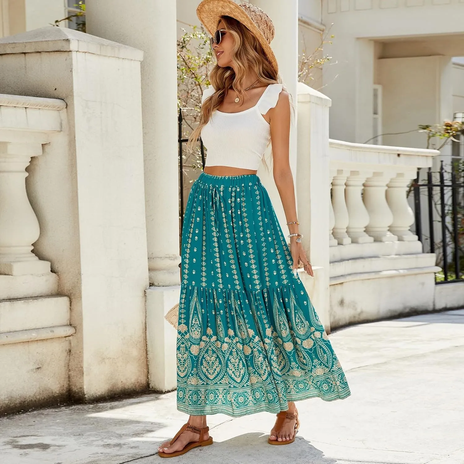 Women's High Waist A Line Maxi Skirts Floral Printed Tiered Ruffle Pleated Skirt Beach Vacation Long Skorts
