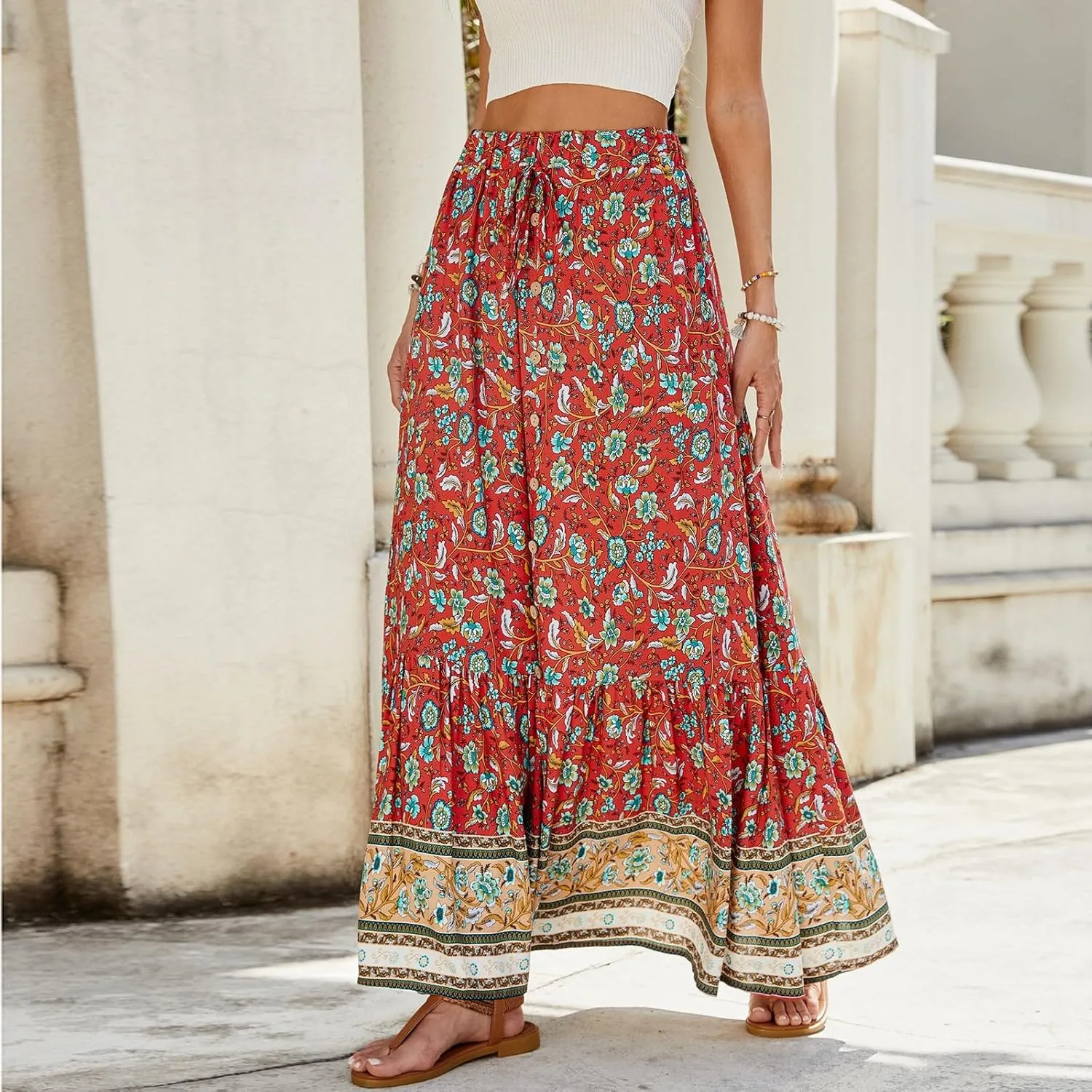 Women's High Waist A Line Maxi Skirts Floral Printed Tiered Ruffle Pleated Skirt Beach Vacation Long Skorts