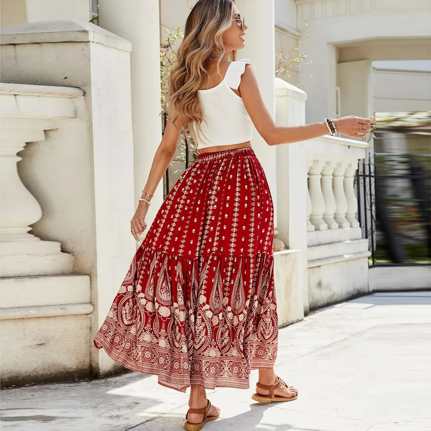 Women's High Waist A Line Maxi Skirts Floral Printed Tiered Ruffle Pleated Skirt Beach Vacation Long Skorts