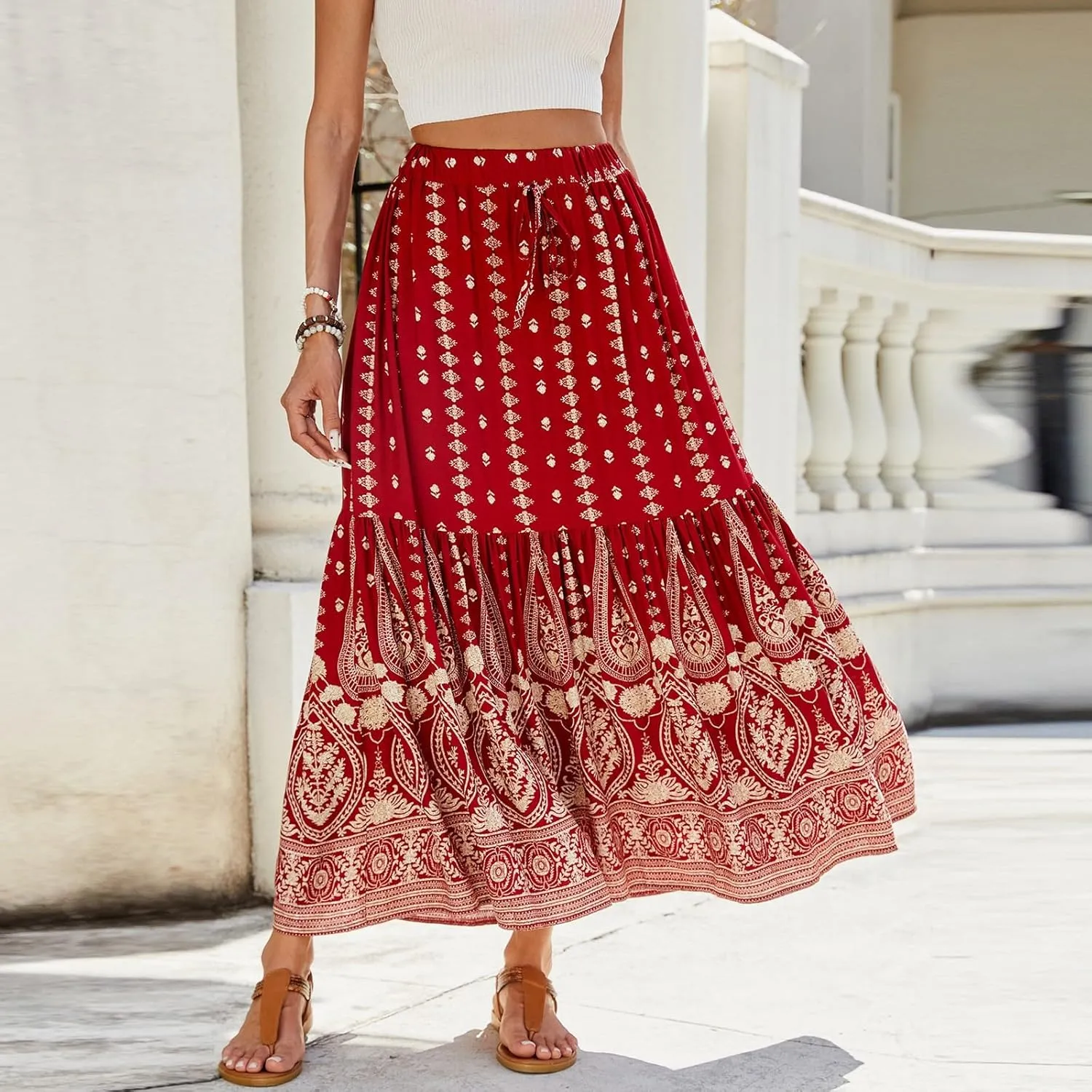 Women's High Waist A Line Maxi Skirts Floral Printed Tiered Ruffle Pleated Skirt Beach Vacation Long Skorts