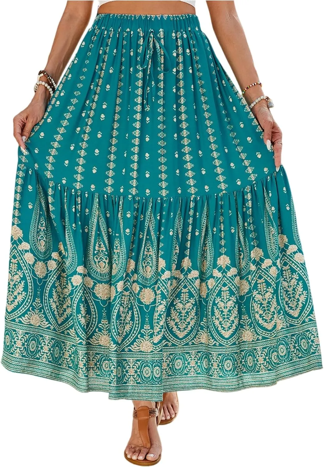 Women's High Waist A Line Maxi Skirts Floral Printed Tiered Ruffle Pleated Skirt Beach Vacation Long Skorts