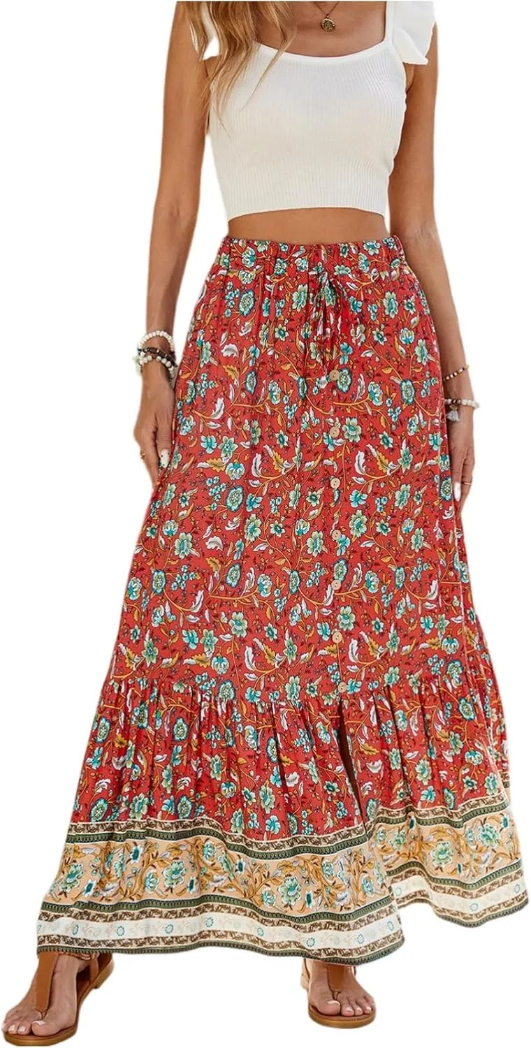 Women's High Waist A Line Maxi Skirts Floral Printed Tiered Ruffle Pleated Skirt Beach Vacation Long Skorts
