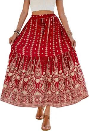 Women's High Waist A Line Maxi Skirts Floral Printed Tiered Ruffle Pleated Skirt Beach Vacation Long Skorts