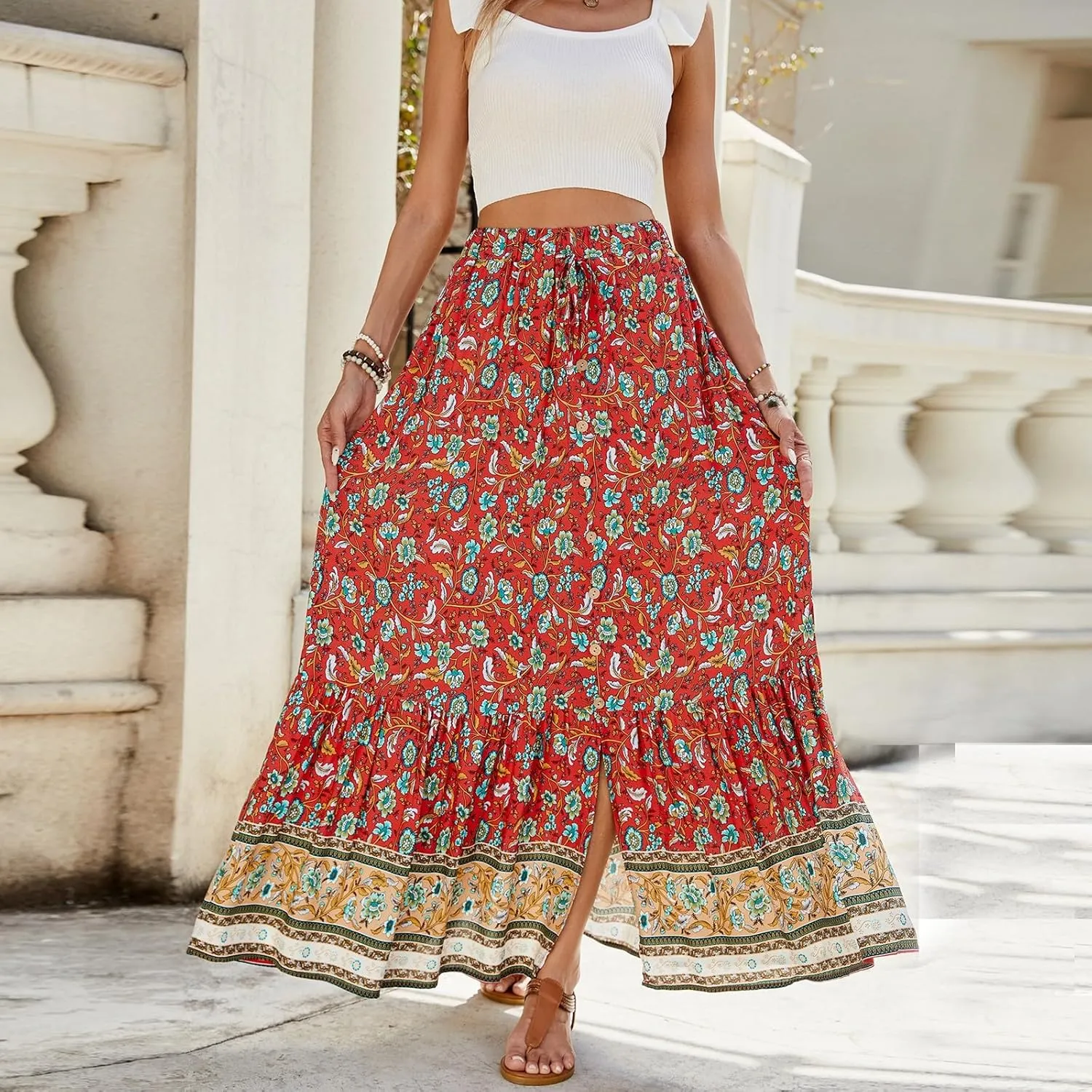 Women's High Waist A Line Maxi Skirts Floral Printed Tiered Ruffle Pleated Skirt Beach Vacation Long Skorts