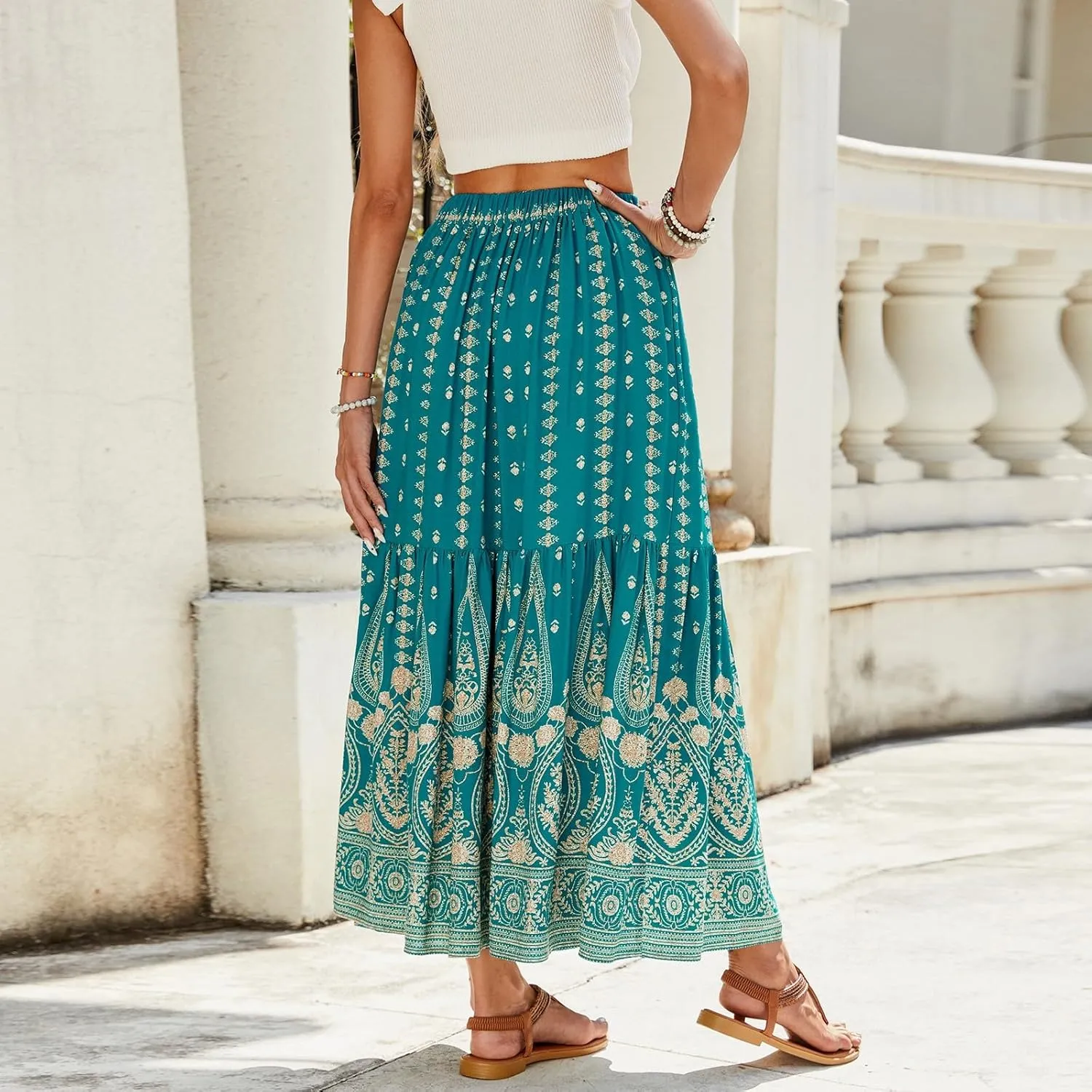 Women's High Waist A Line Maxi Skirts Floral Printed Tiered Ruffle Pleated Skirt Beach Vacation Long Skorts