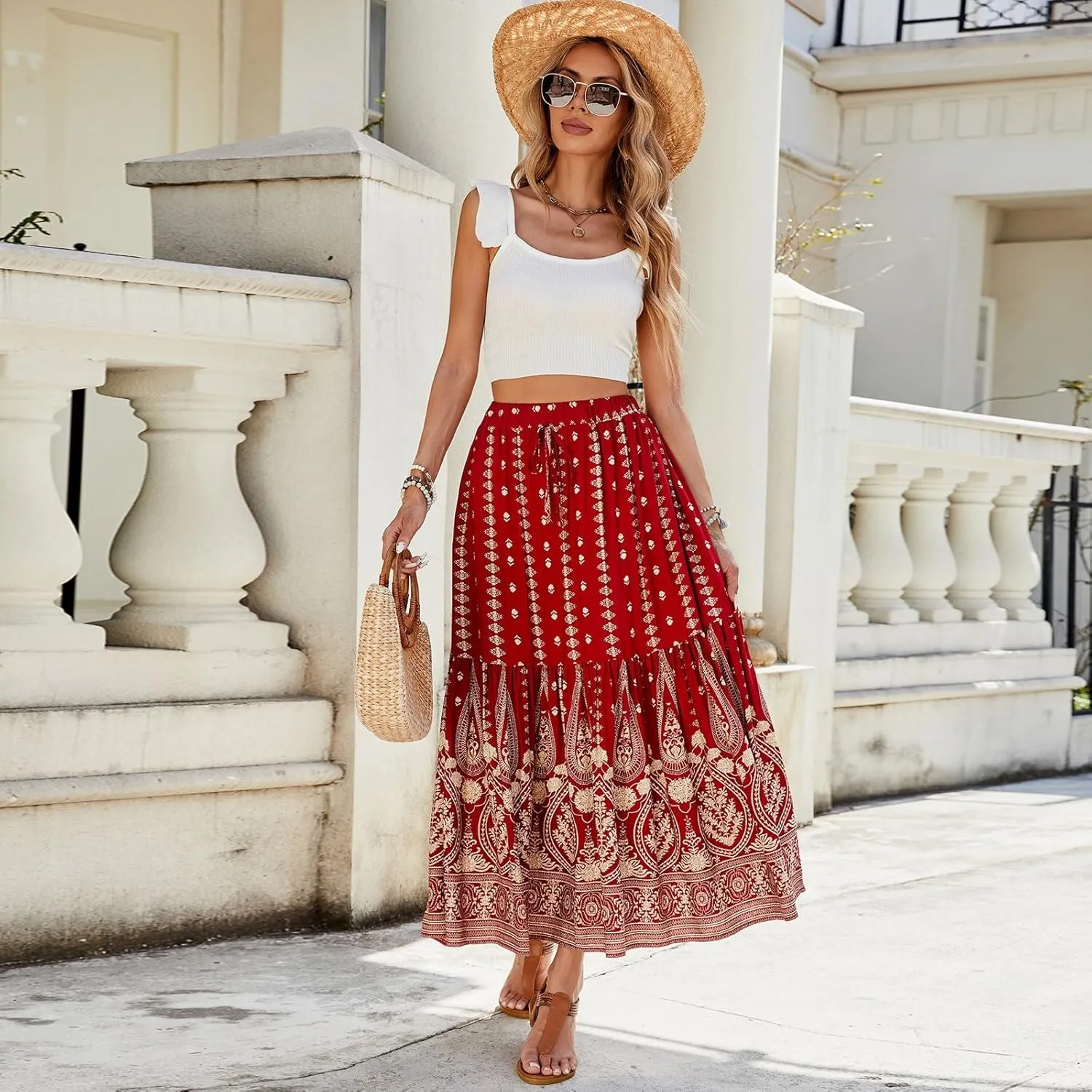 Women's High Waist A Line Maxi Skirts Floral Printed Tiered Ruffle Pleated Skirt Beach Vacation Long Skorts