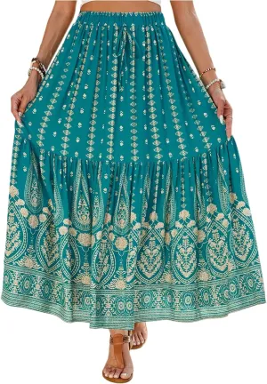 Women's High Waist A Line Maxi Skirts Floral Printed Tiered Ruffle Pleated Skirt Beach Vacation Long Skorts