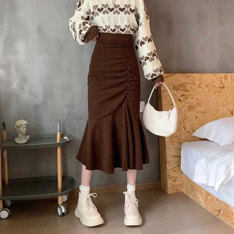 Women's High Waist Fashion Designer Mermaid Ruffles Skirts (Midi)