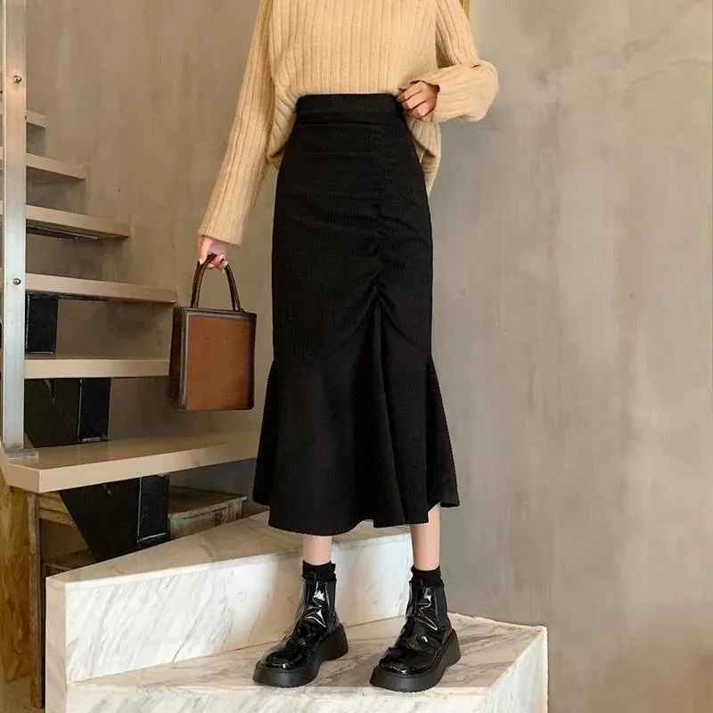 Women's High Waist Fashion Designer Mermaid Ruffles Skirts (Midi)