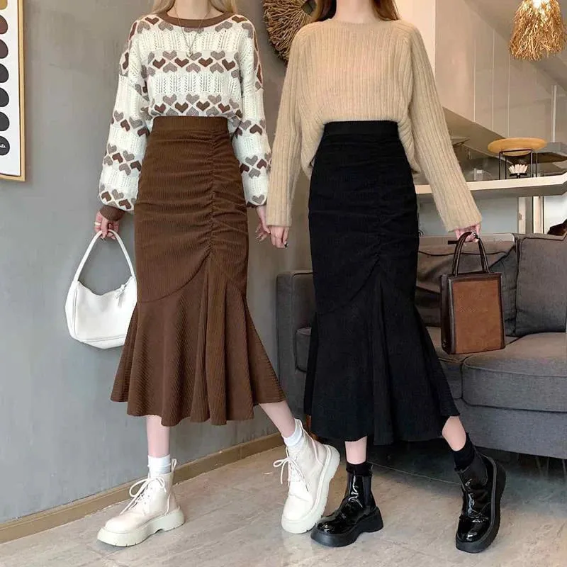 Women's High Waist Fashion Designer Mermaid Ruffles Skirts (Midi)