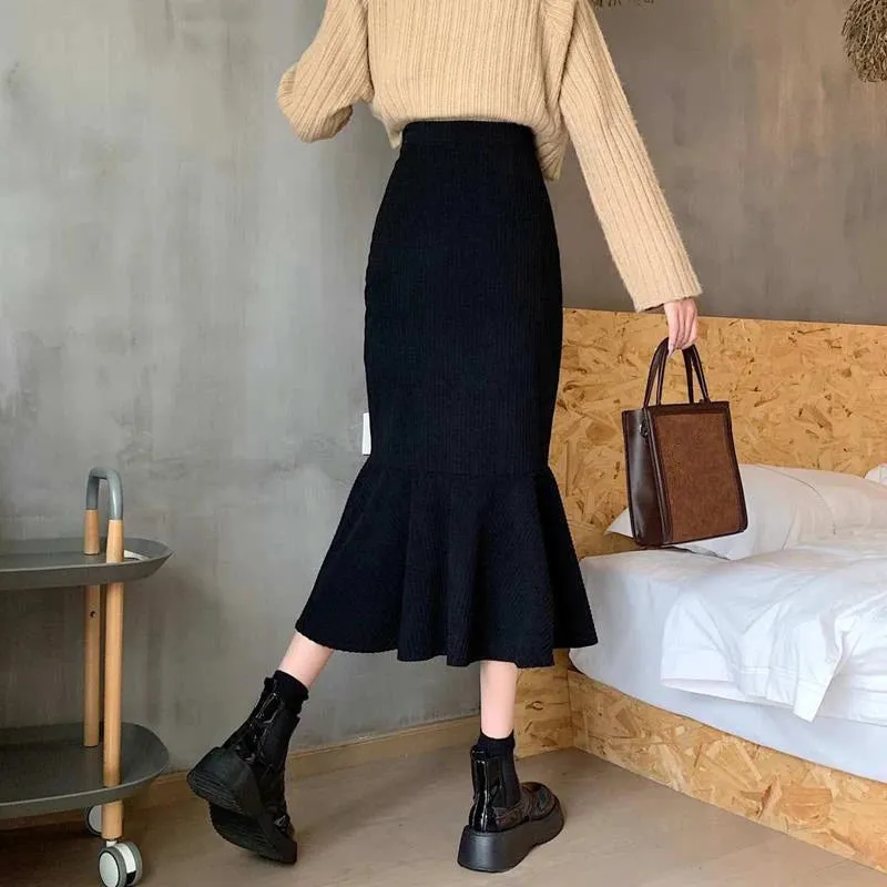 Women's High Waist Fashion Designer Mermaid Ruffles Skirts (Midi)