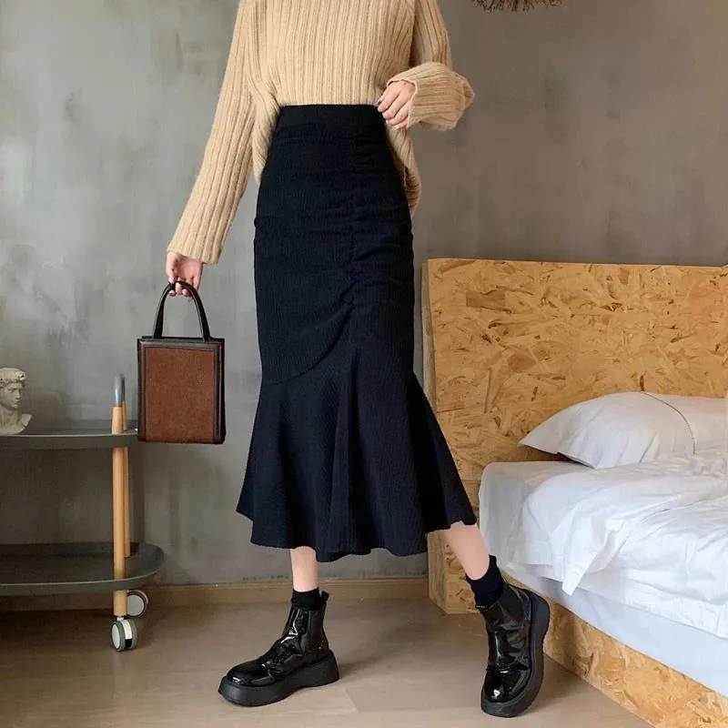 Women's High Waist Fashion Designer Mermaid Ruffles Skirts (Midi)