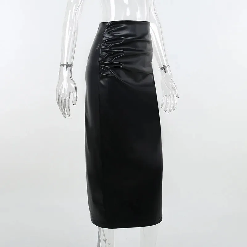 Women's High Waist Fashion Designer Ruched PU Leather Skirts (Midi)