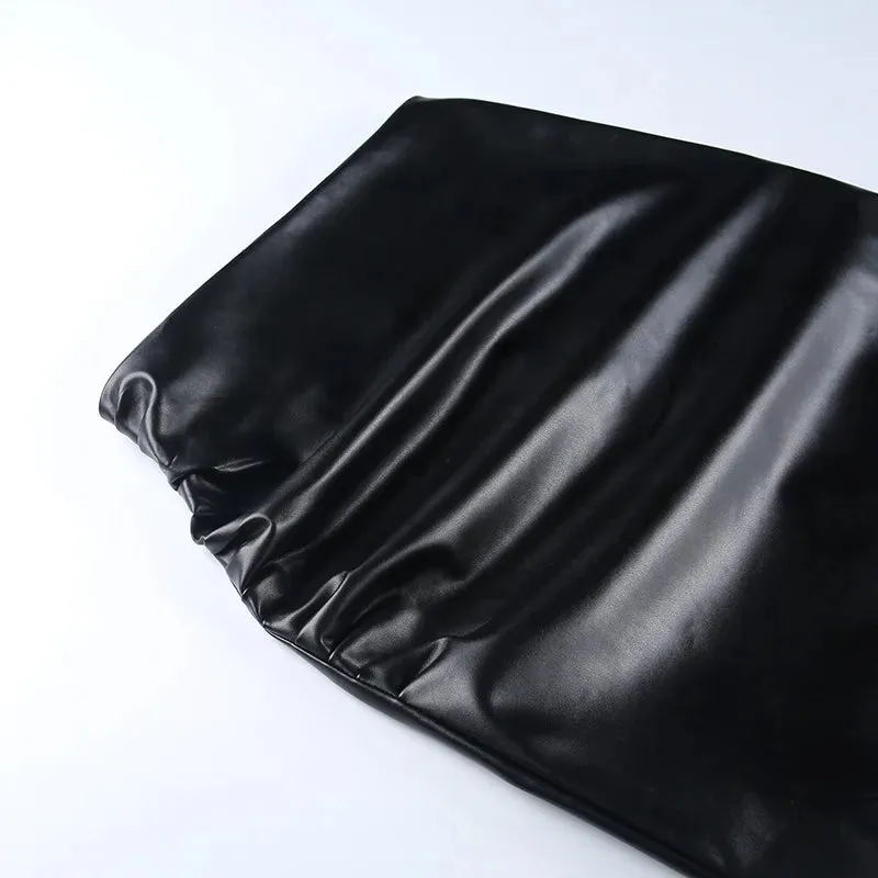 Women's High Waist Fashion Designer Ruched PU Leather Skirts (Midi)