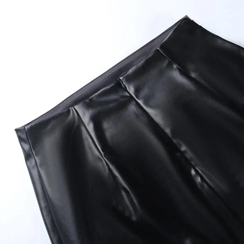 Women's High Waist Fashion Designer Ruched PU Leather Skirts (Midi)