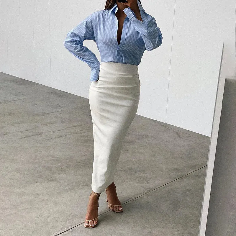 Women's High Waist Fashion Designer Ruched PU Leather Skirts (Midi)