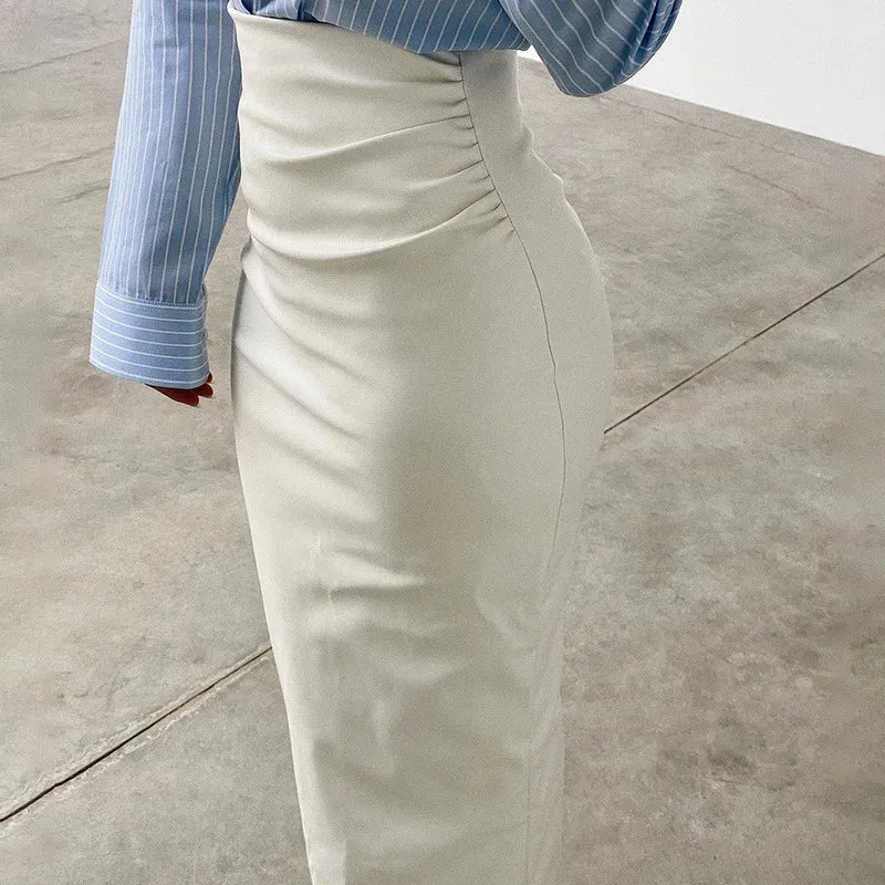 Women's High Waist Fashion Designer Ruched PU Leather Skirts (Midi)