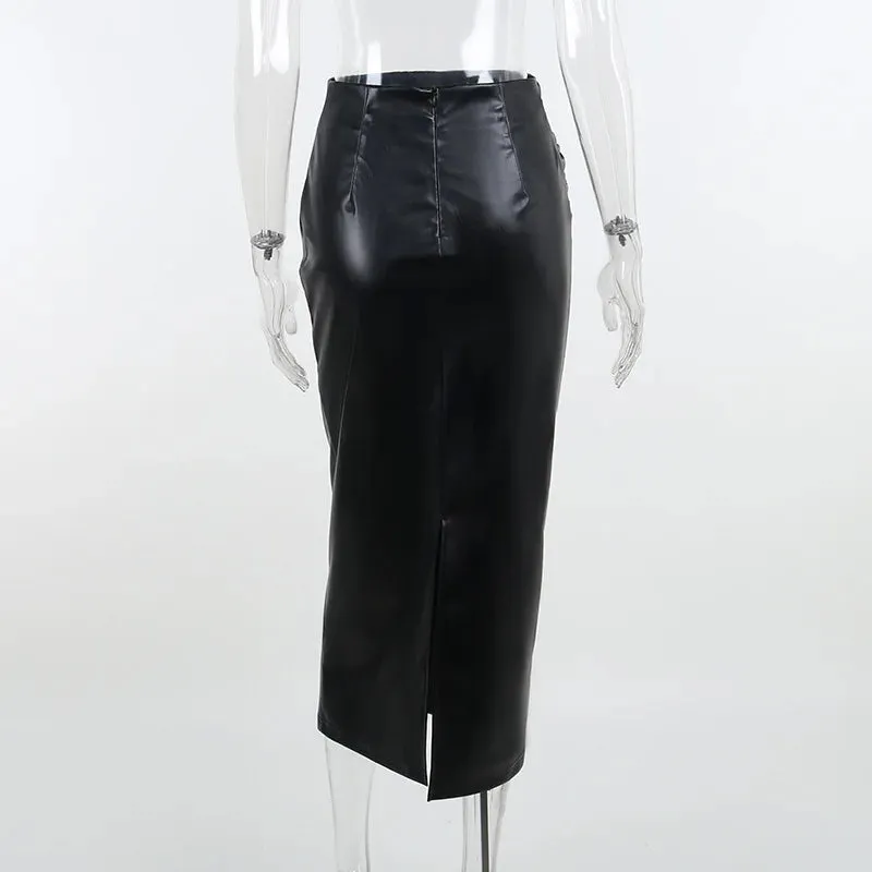 Women's High Waist Fashion Designer Ruched PU Leather Skirts (Midi)