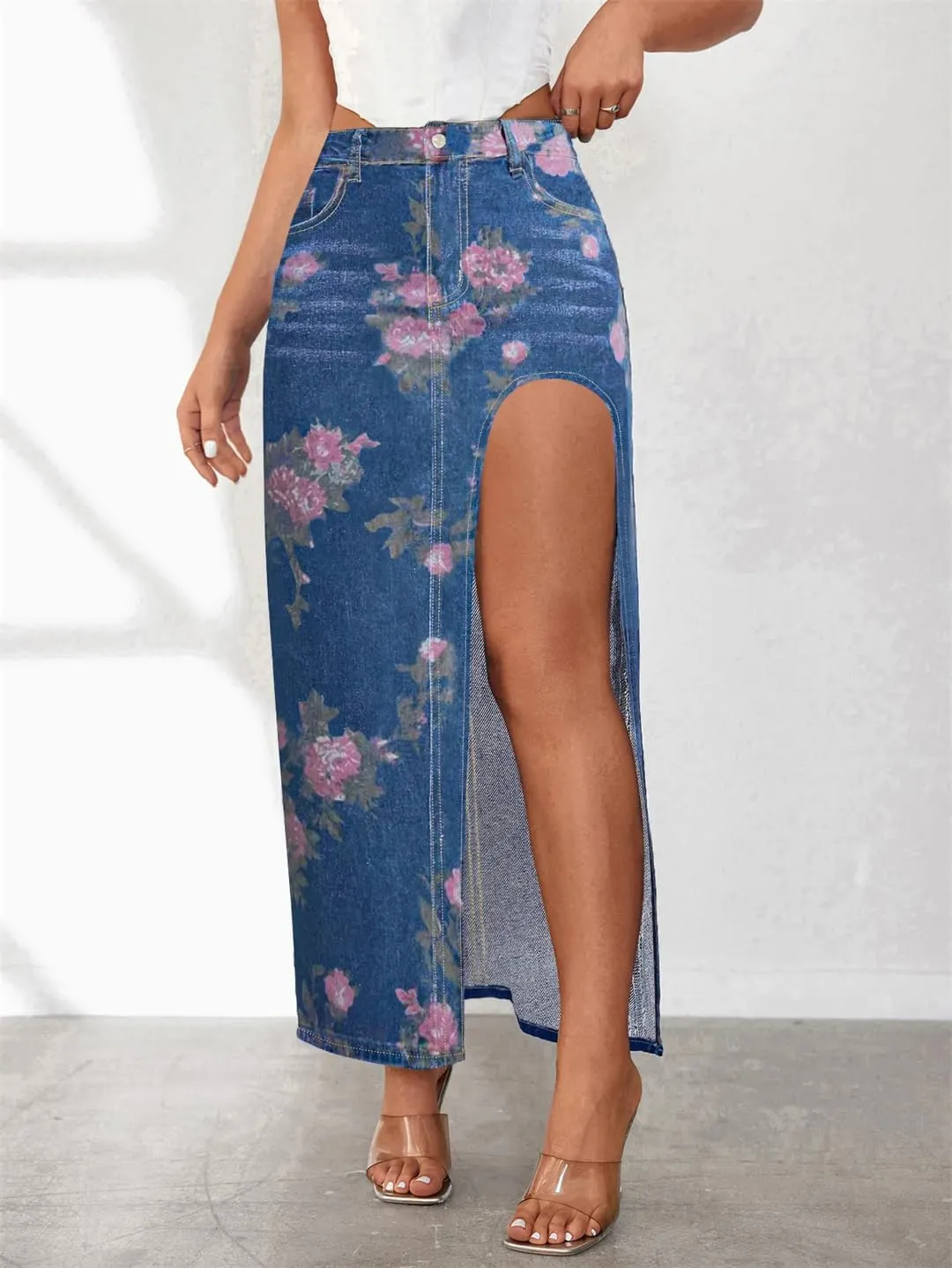 Women's High Waist Regular Fit Floral Printed Skirts Washed Gothic High Stretch Split Maxi Denim Skirts