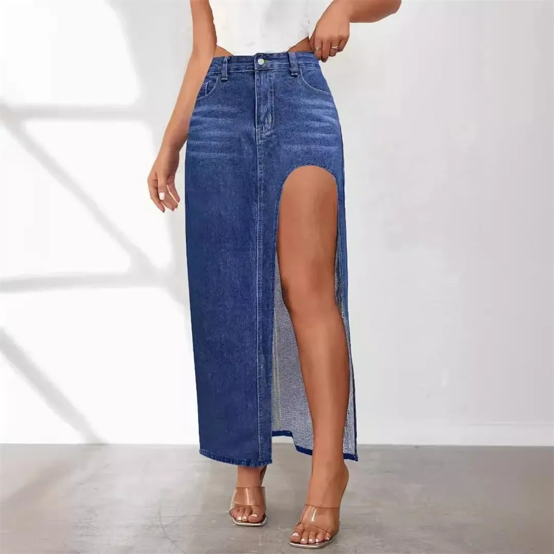 Women's High Waist Regular Fit Floral Printed Skirts Washed Gothic High Stretch Split Maxi Denim Skirts