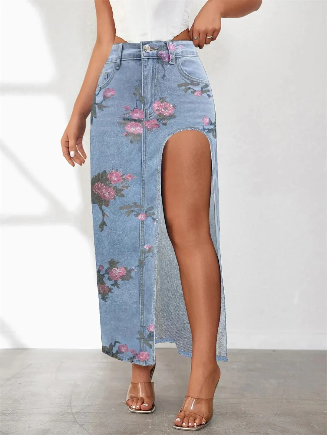 Women's High Waist Regular Fit Floral Printed Skirts Washed Gothic High Stretch Split Maxi Denim Skirts