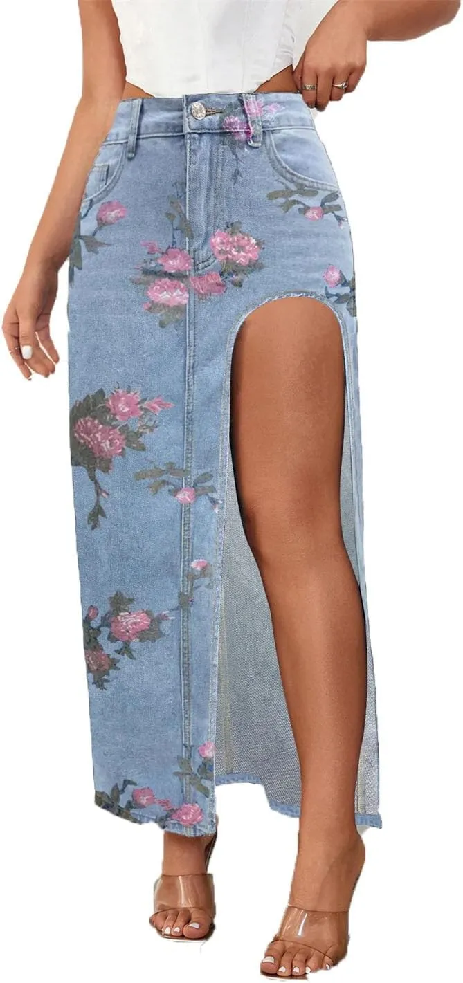 Women's High Waist Regular Fit Floral Printed Skirts Washed Gothic High Stretch Split Maxi Denim Skirts