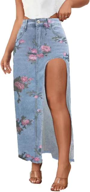 Women's High Waist Regular Fit Floral Printed Skirts Washed Gothic High Stretch Split Maxi Denim Skirts