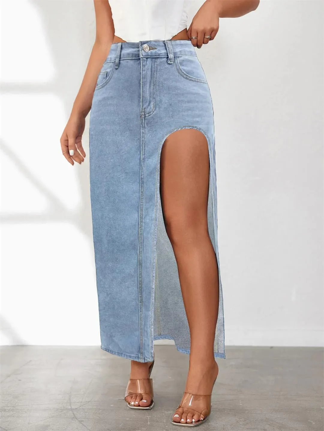 Women's High Waist Regular Fit Floral Printed Skirts Washed Gothic High Stretch Split Maxi Denim Skirts