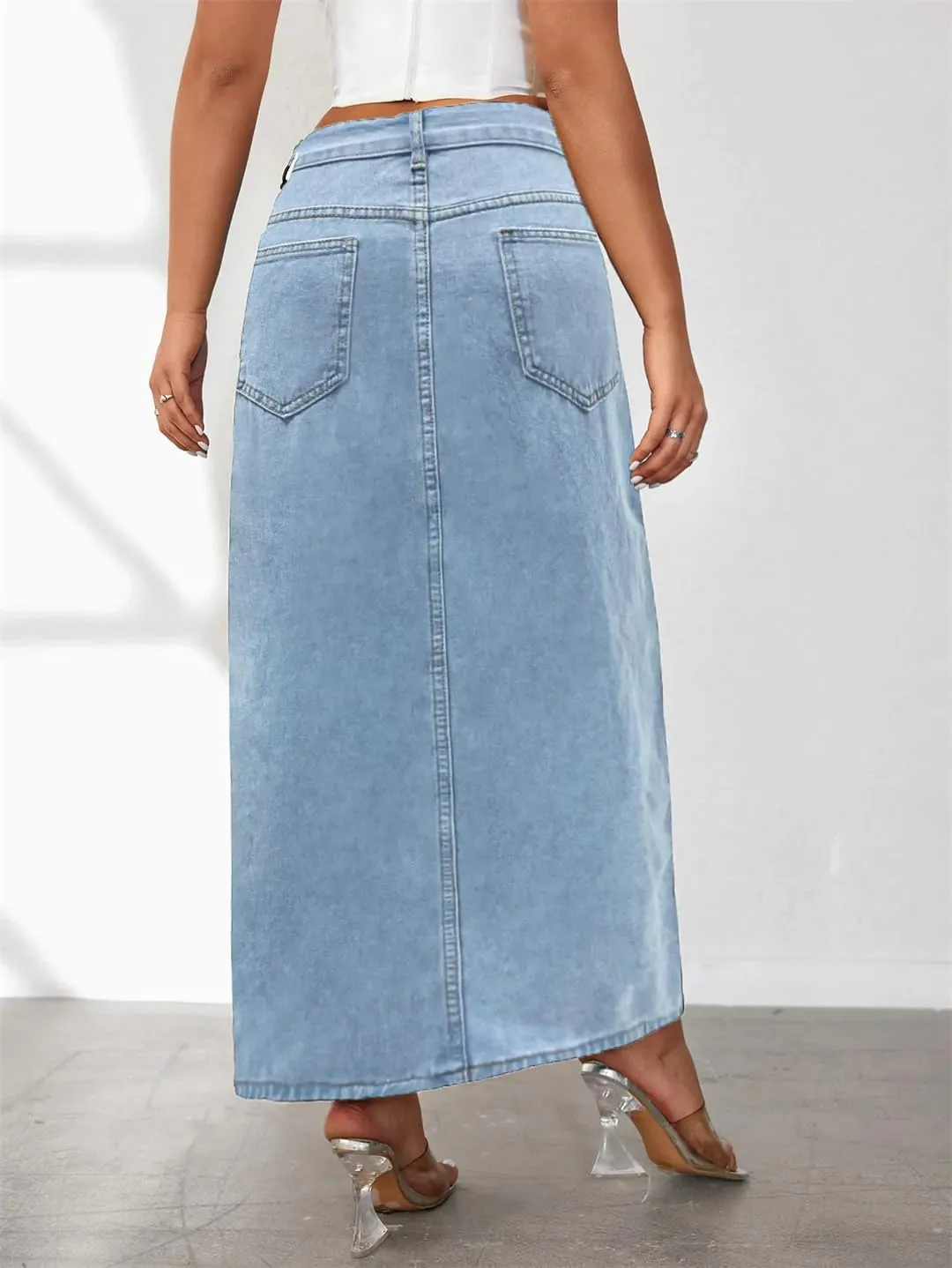 Women's High Waist Regular Fit Floral Printed Skirts Washed Gothic High Stretch Split Maxi Denim Skirts
