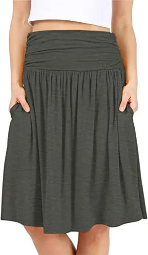 Womens Knee Length Skirts Summer Casual Pleated Flowy Skirt High Waist Solid Color Mini Skirts