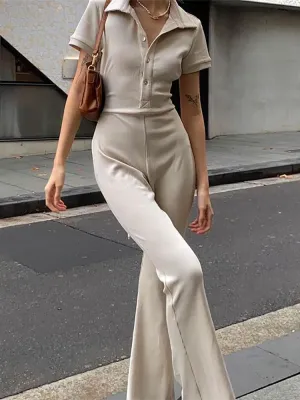 Women's Lapel Collar Jumpsuit – 2025 European Style Lace-Up Overalls, High-Cut Flare Pants, Button-Fly Casual Bodysuit