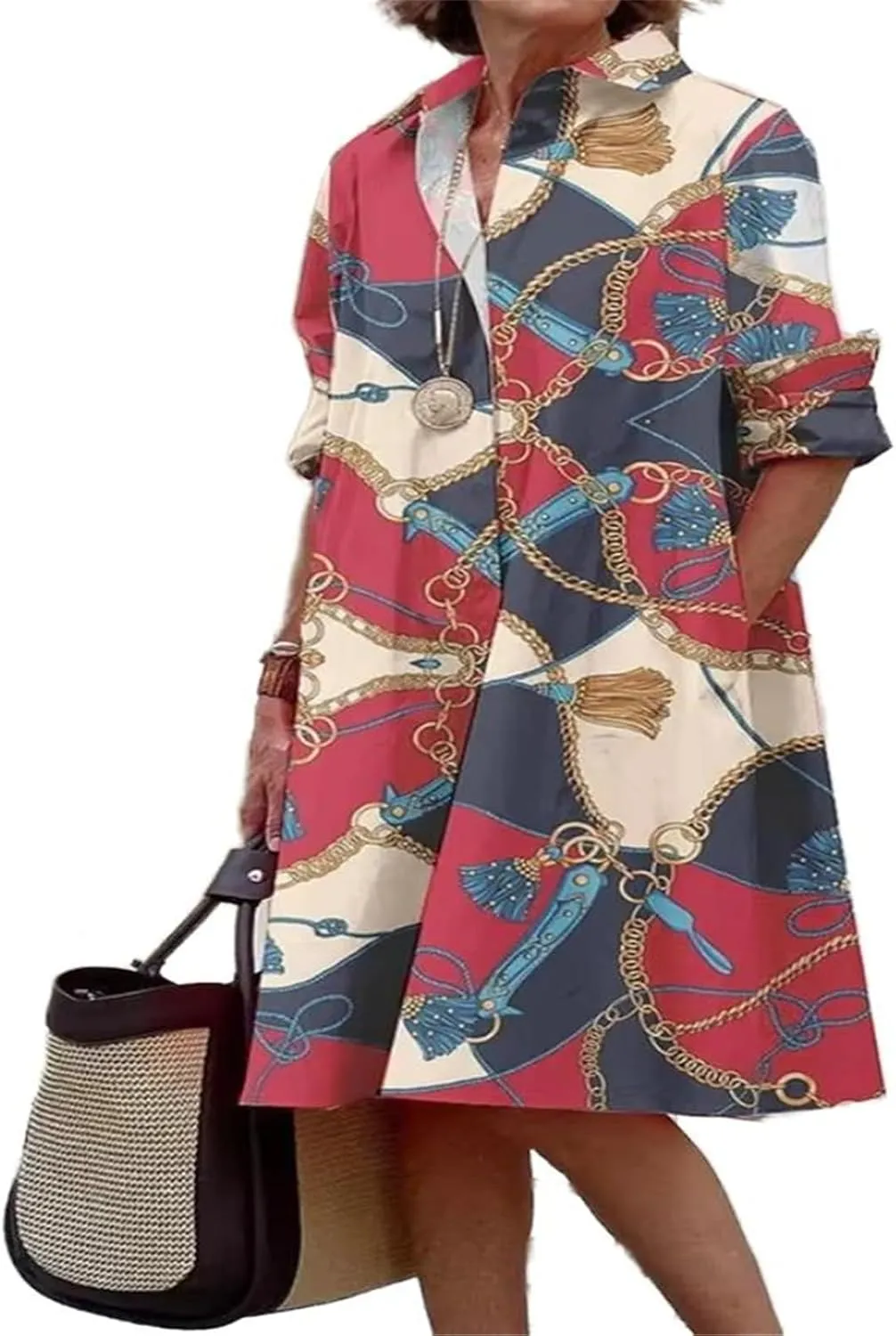 Women's Lapel Dress Long Sleeves Vintage Skirt