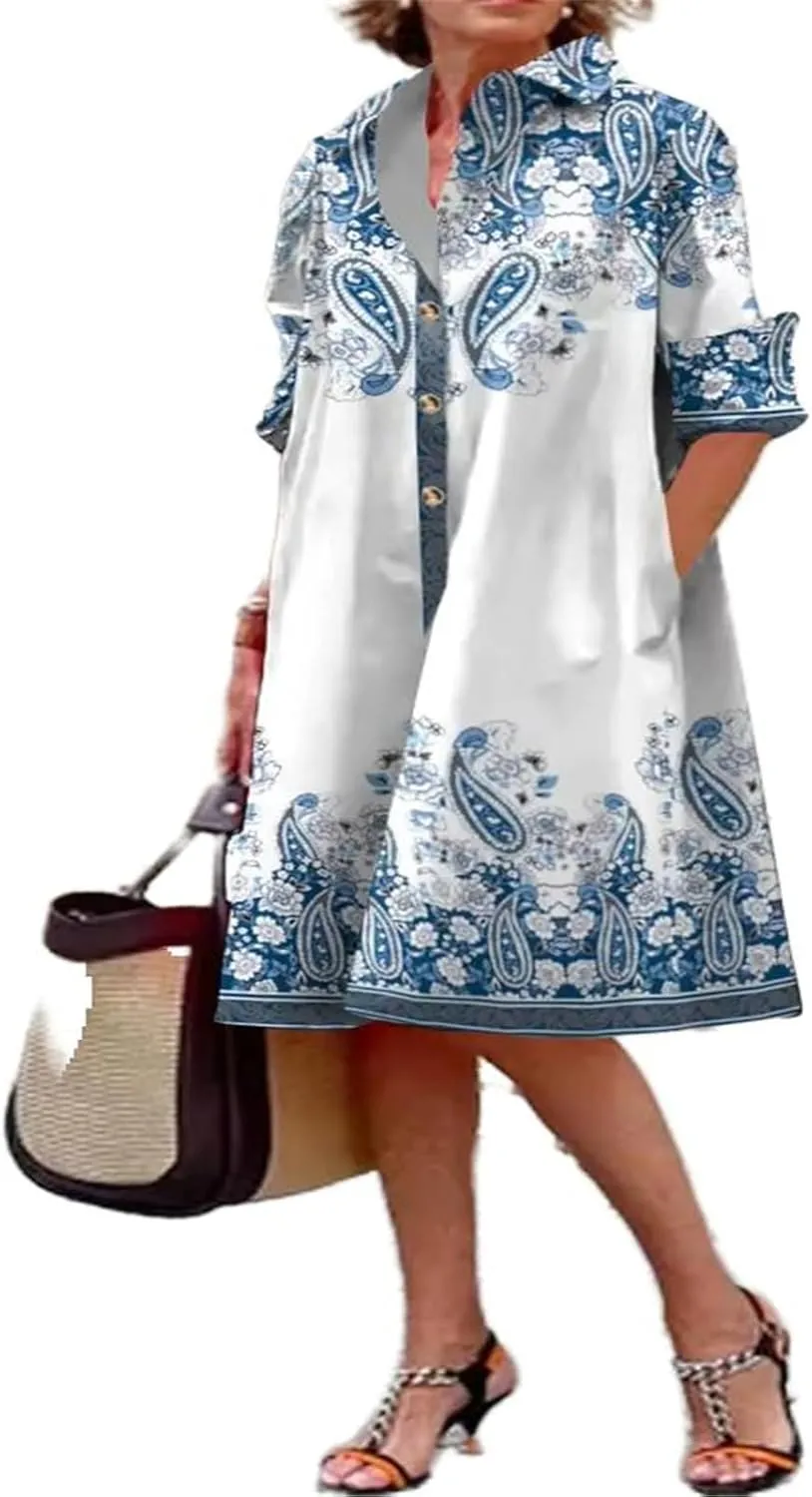 Women's Lapel Dress Long Sleeves Vintage Skirt