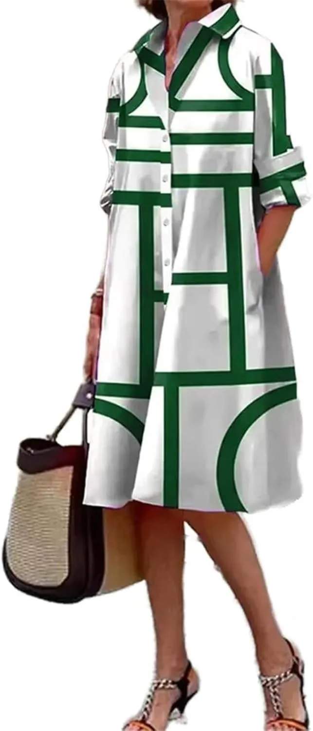 Women's Lapel Dress Long Sleeves Vintage Skirt