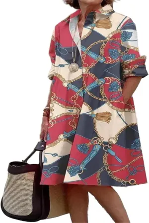 Women's Lapel Dress Long Sleeves Vintage Skirt