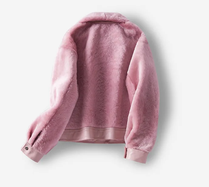 Women's Leather and Shearling Bomber Jacket in Pink