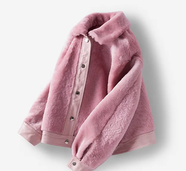 Women's Leather and Shearling Bomber Jacket in Pink