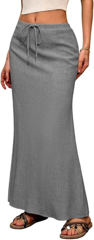 Womens Linen Skirt Maxi Summer Drawstring Elastic Aline Skirt Formal Back Slit Work Long Skirts (S-2Xl)