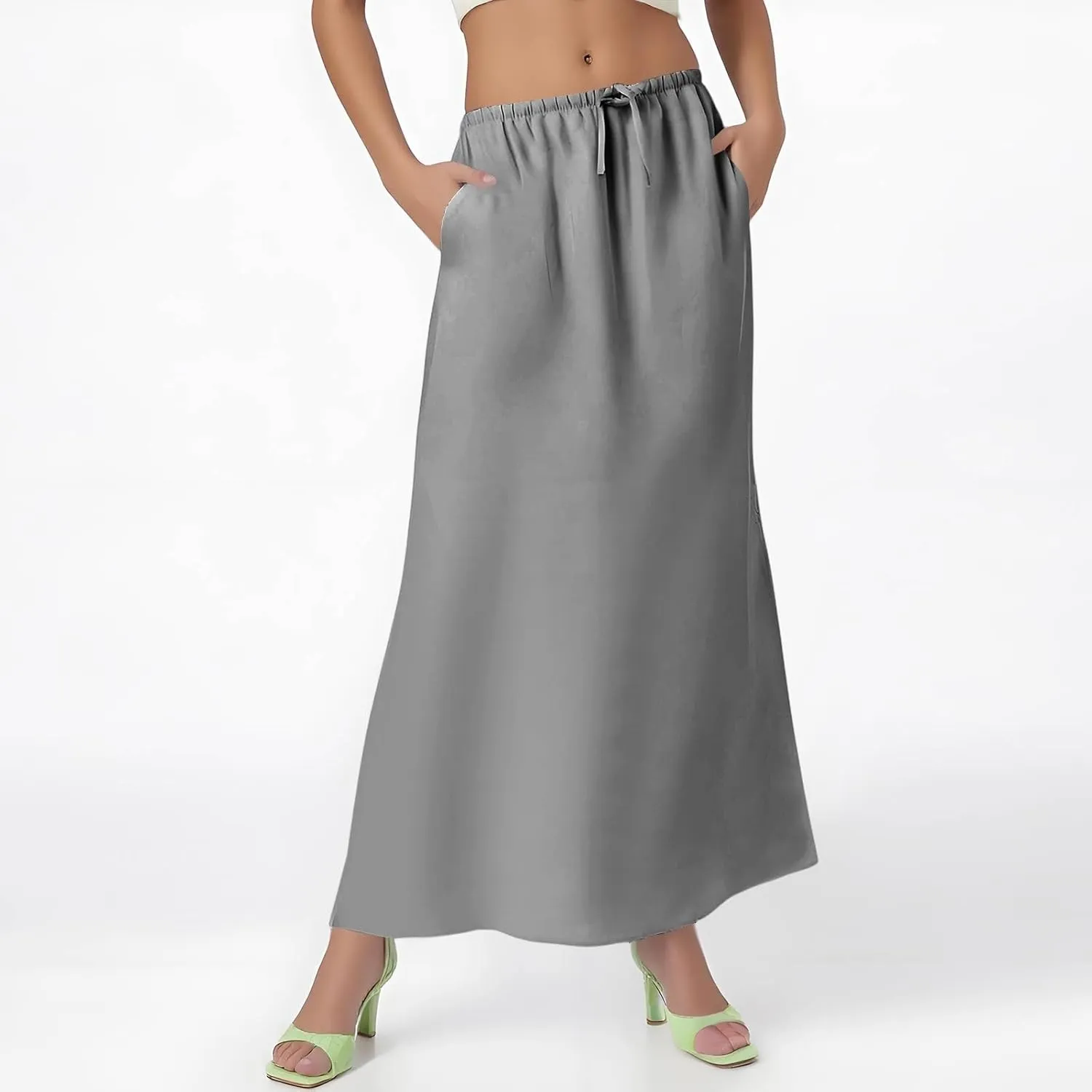 Womens Linen Skirt Maxi Summer Drawstring Elastic Aline Skirt Formal Back Slit Work Long Skirts (S-2Xl)
