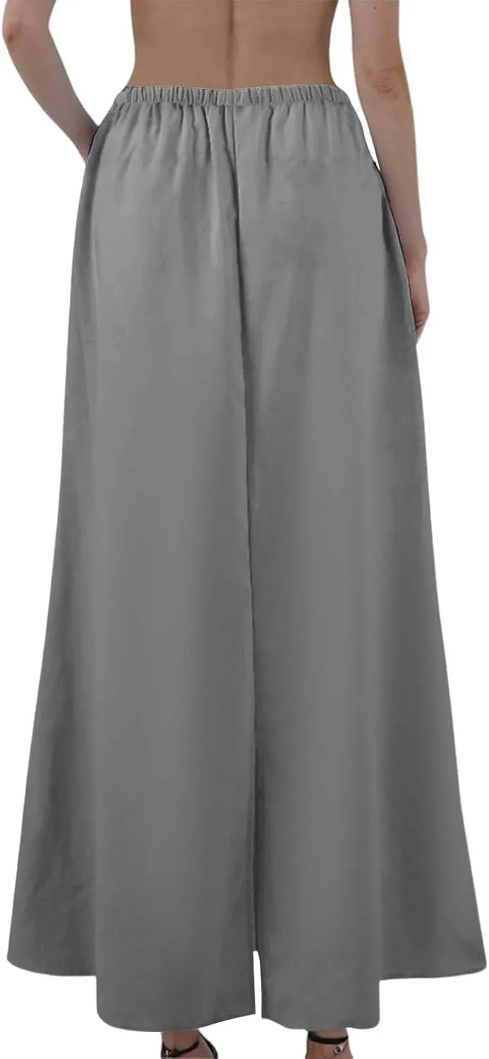Womens Linen Skirt Maxi Summer Drawstring Elastic Aline Skirt Formal Back Slit Work Long Skirts (S-2Xl)