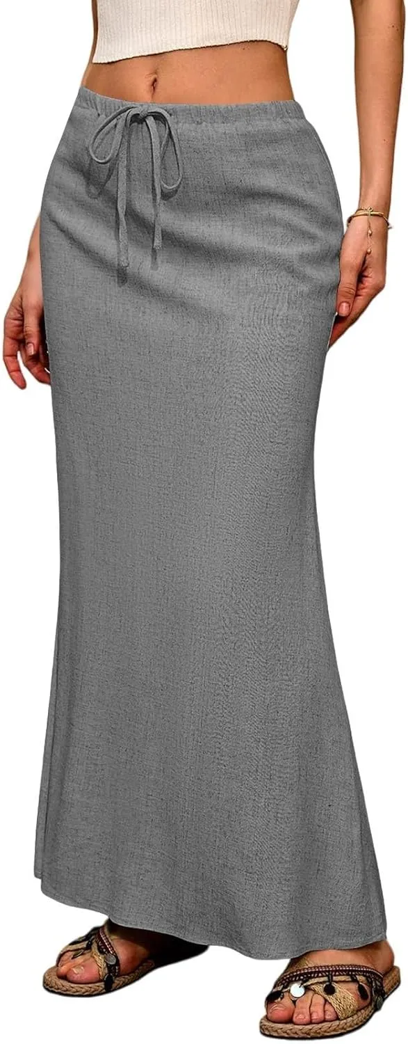 Womens Linen Skirt Maxi Summer Drawstring Elastic Aline Skirt Formal Back Slit Work Long Skirts (S-2Xl)