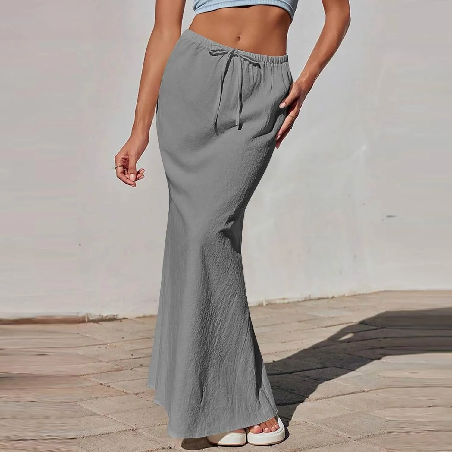Womens Linen Skirt Maxi Summer Drawstring Elastic Aline Skirt Formal Back Slit Work Long Skirts (S-2Xl)
