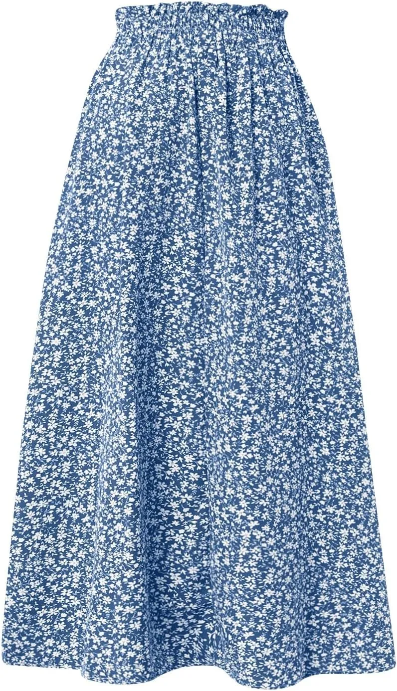 Womens Linen Skirts Midi Length Summer Drawstring High Waist Smocked A Line Elegant Calf Length Skirt with Pockets