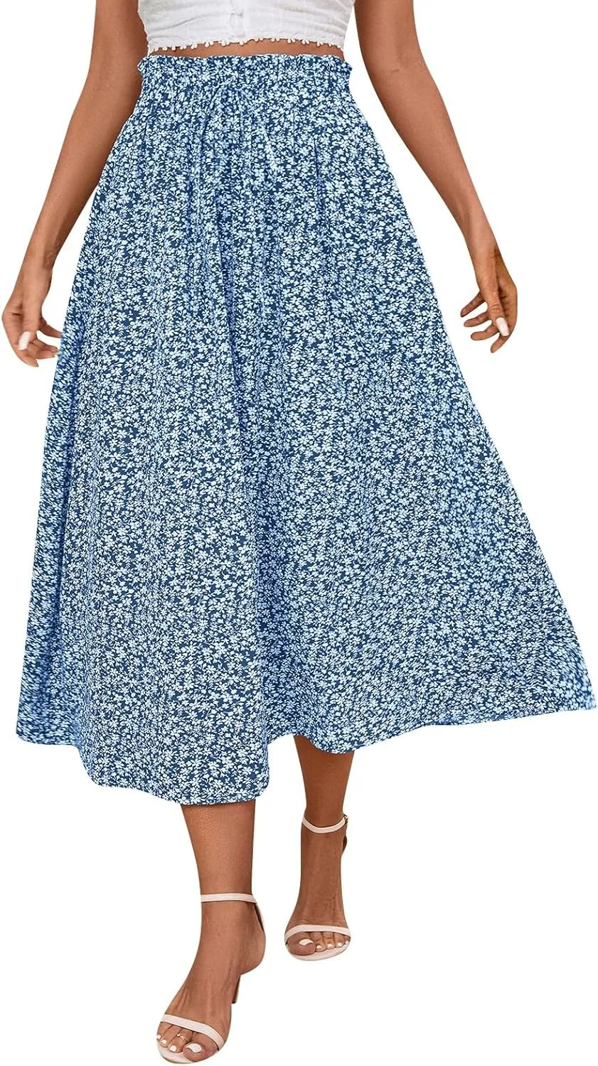 Womens Linen Skirts Midi Length Summer Drawstring High Waist Smocked A Line Elegant Calf Length Skirt with Pockets