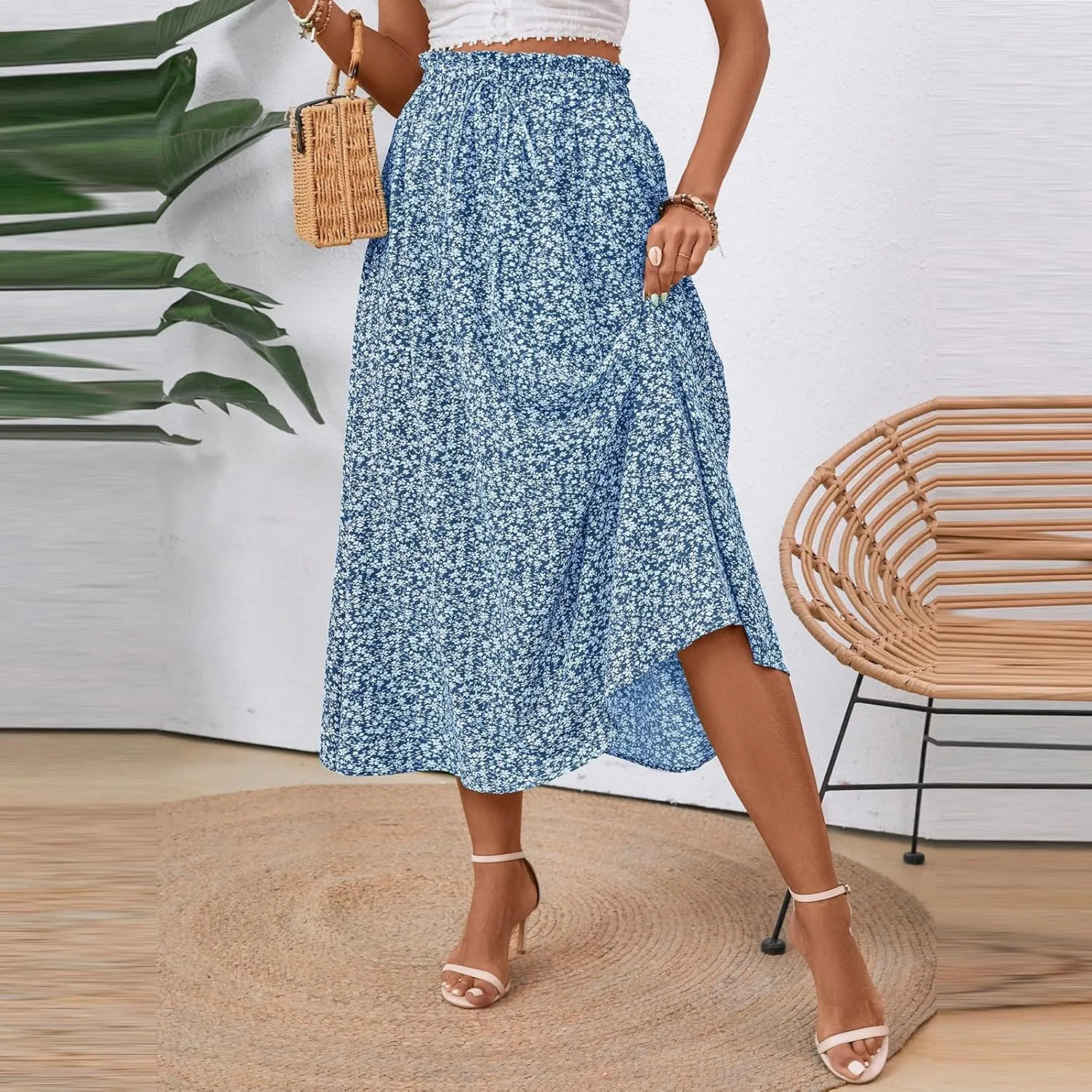 Womens Linen Skirts Midi Length Summer Drawstring High Waist Smocked A Line Elegant Calf Length Skirt with Pockets