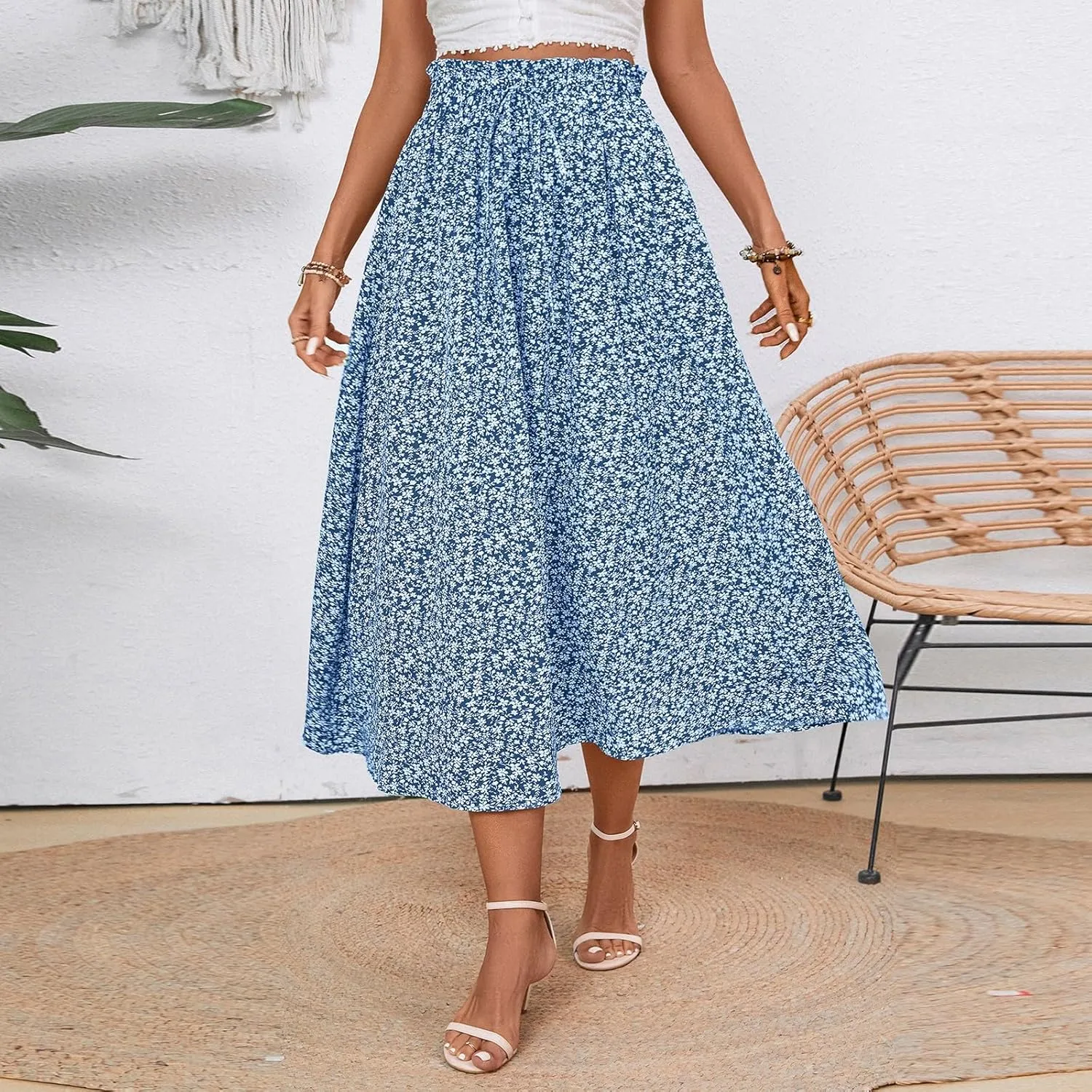 Womens Linen Skirts Midi Length Summer Drawstring High Waist Smocked A Line Elegant Calf Length Skirt with Pockets