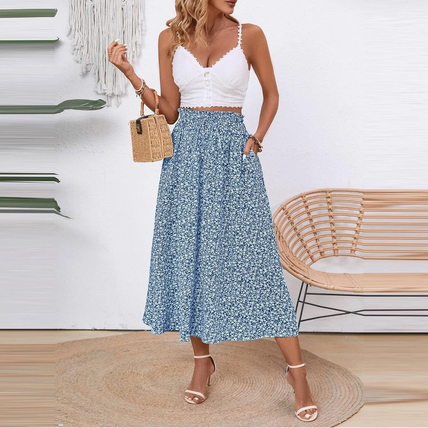 Womens Linen Skirts Midi Length Summer Drawstring High Waist Smocked A Line Elegant Calf Length Skirt with Pockets