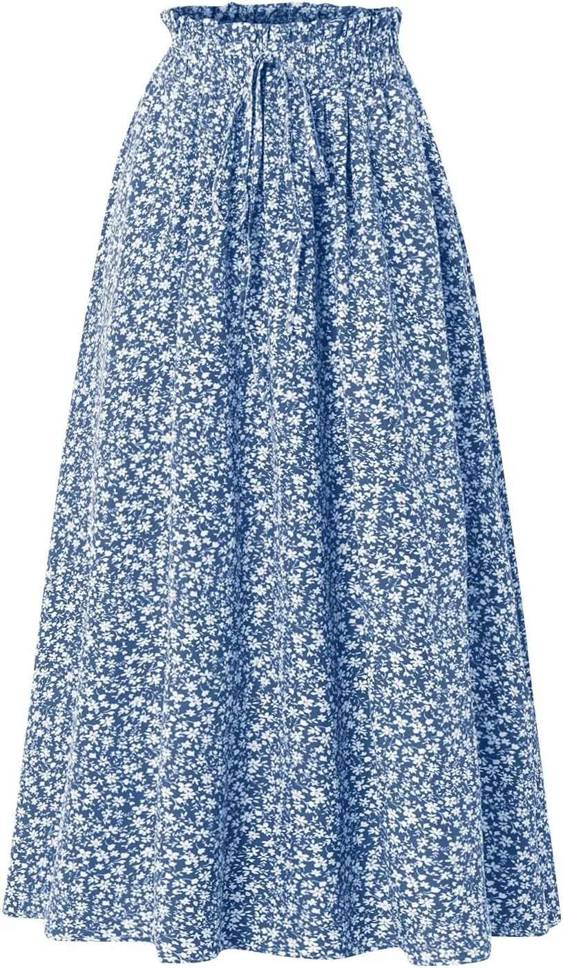 Womens Linen Skirts Midi Length Summer Drawstring High Waist Smocked A Line Elegant Calf Length Skirt with Pockets