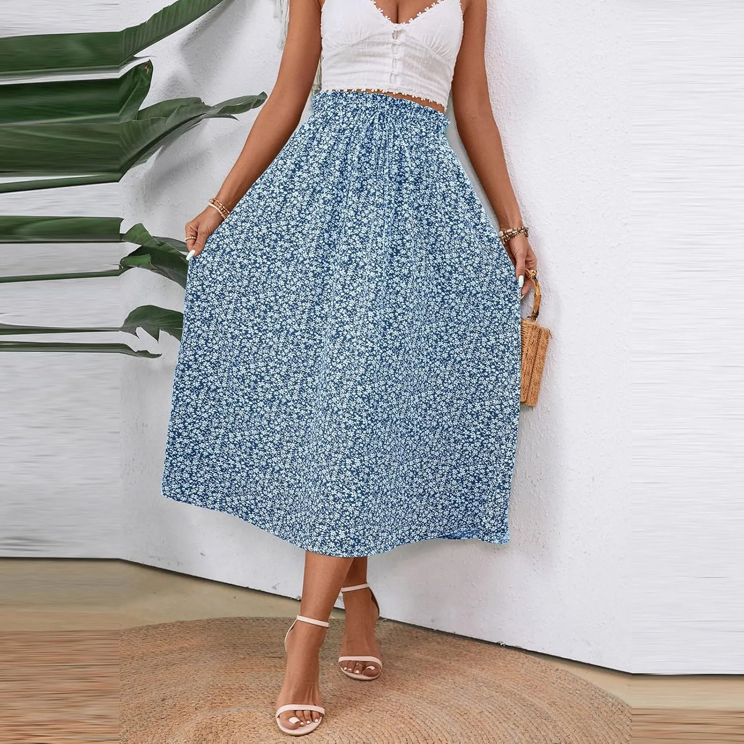 Womens Linen Skirts Midi Length Summer Drawstring High Waist Smocked A Line Elegant Calf Length Skirt with Pockets